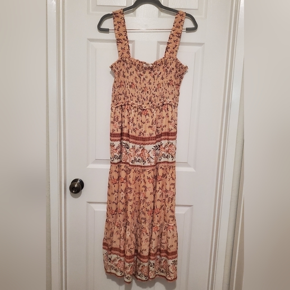 AURA Pink Floral Smocked Sleeveless Tiered Dress Size Large